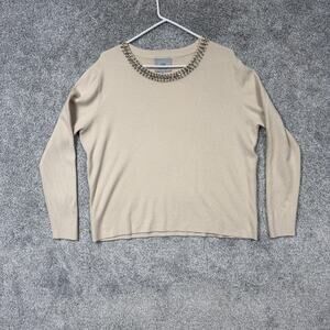 LIV Milano Sweater Womens XL Beige Rhinestone Preppy Coastal Grandmacore Chic